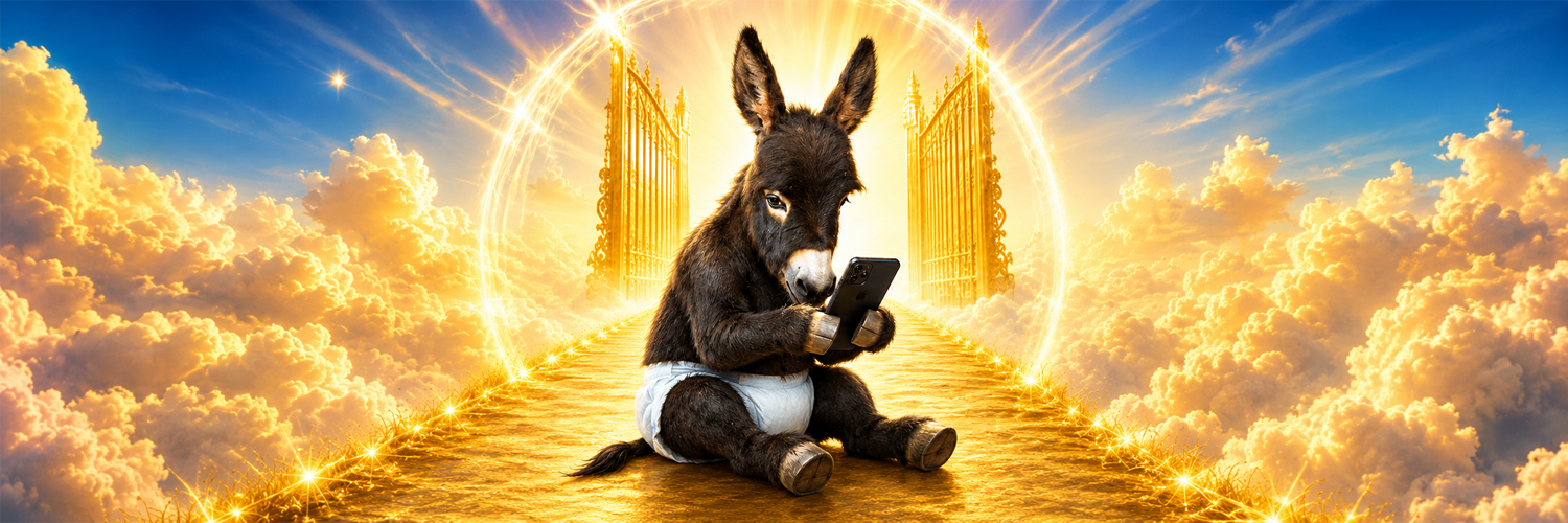 HeeHawonfone banner — donkey in heaven scrolling on a phone